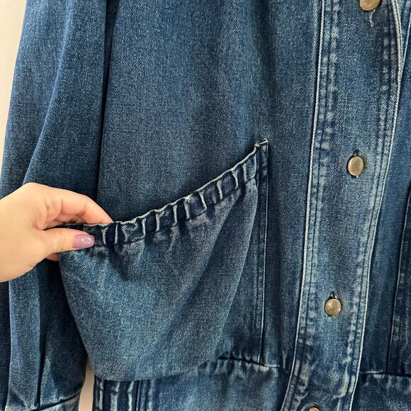 Crest Hollow Women's Medium Wash Pleated Oversized‎ Bomber Denim Jacket S - Picture 2 of 10